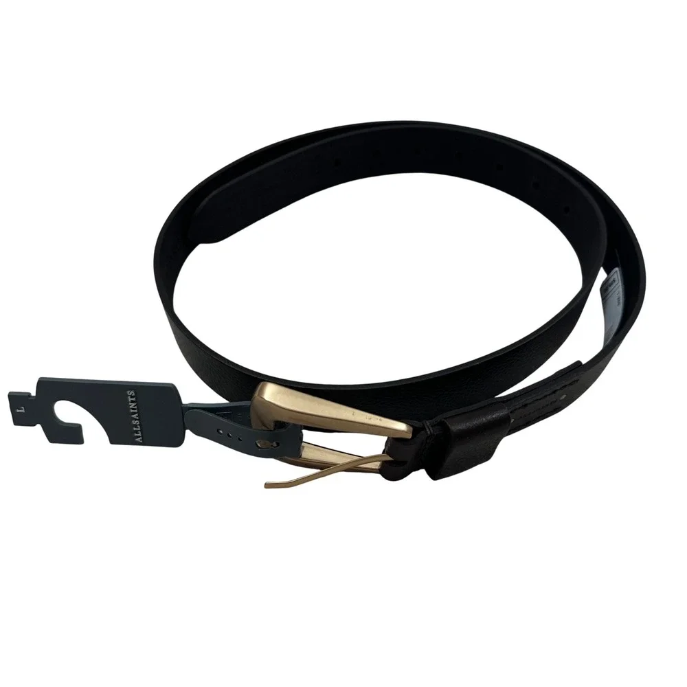AllSaints Mens Deep Brown Genuine Leather 32mm Casual Belt Gold Buckle Large NEW